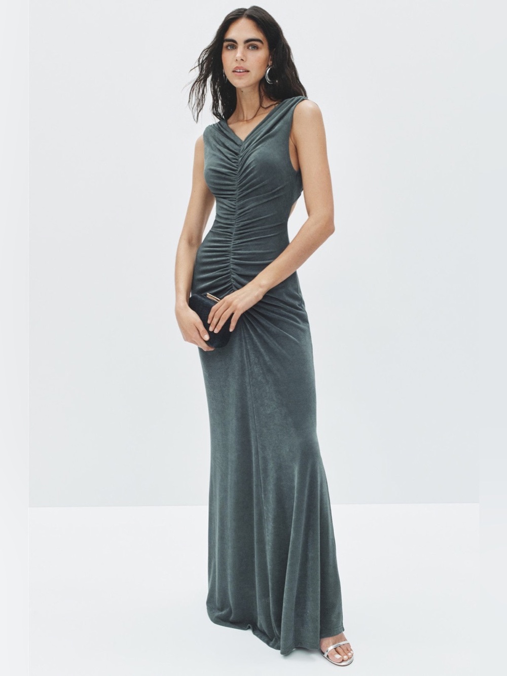 Ruched V-Neck Sleeveless Maxi Dress in Slate Green